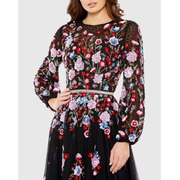 Mac Duggal 5712 Size 8 Black Pink Red Floral Long Sleeve A-Line Midi Party Dress - Picture 3 of 5